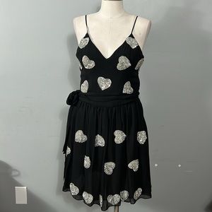 Jenny Han silk black silver sequin heart prom dress size small